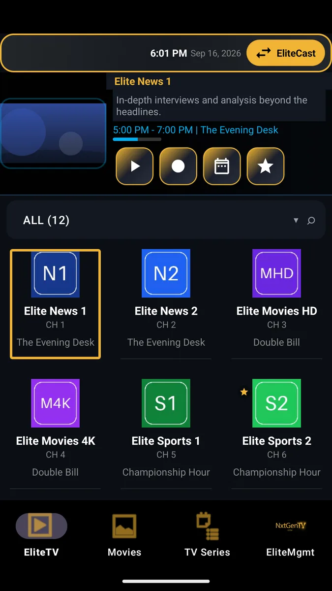 EliteTV on a phone: the current program with watch, record, schedule and favorite buttons above a grid of test channels.