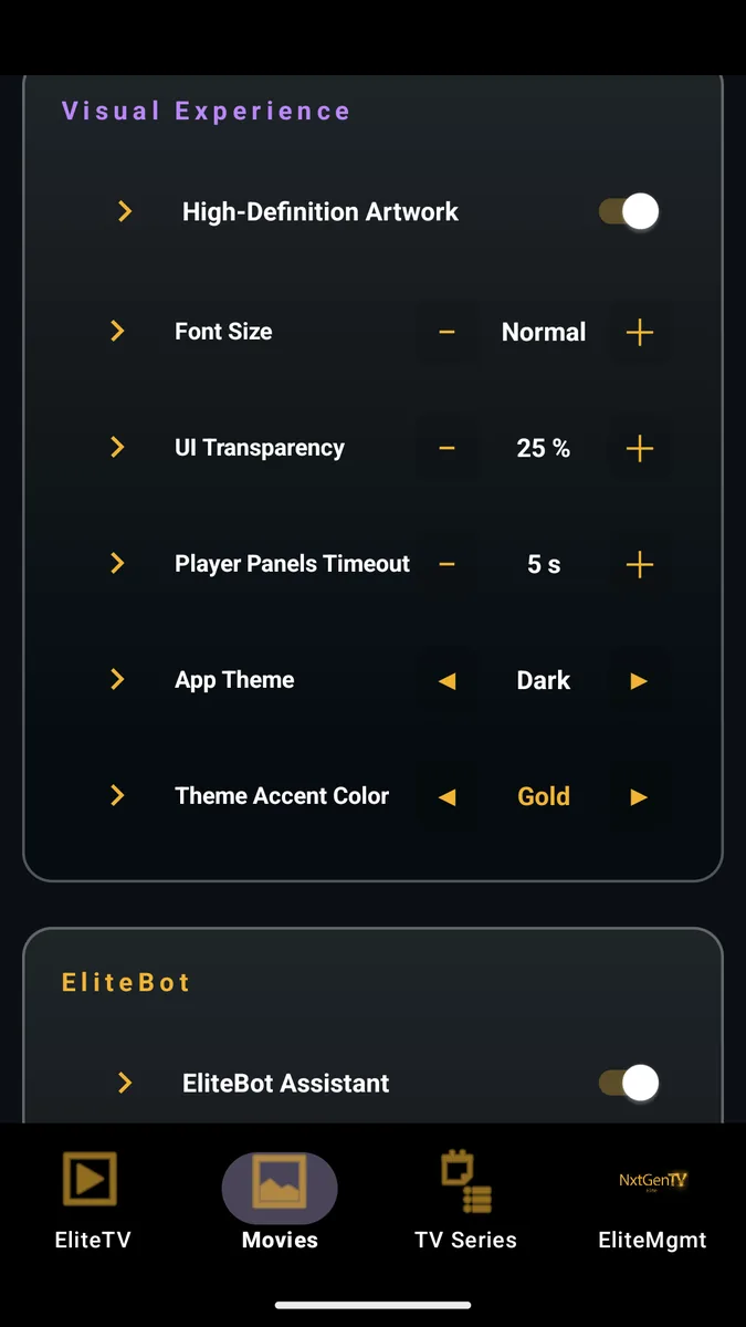 Visual Experience settings on a phone: artwork, font size, UI transparency, player panel timeout, app theme and gold accent color, with the EliteBot Assistant switch below.