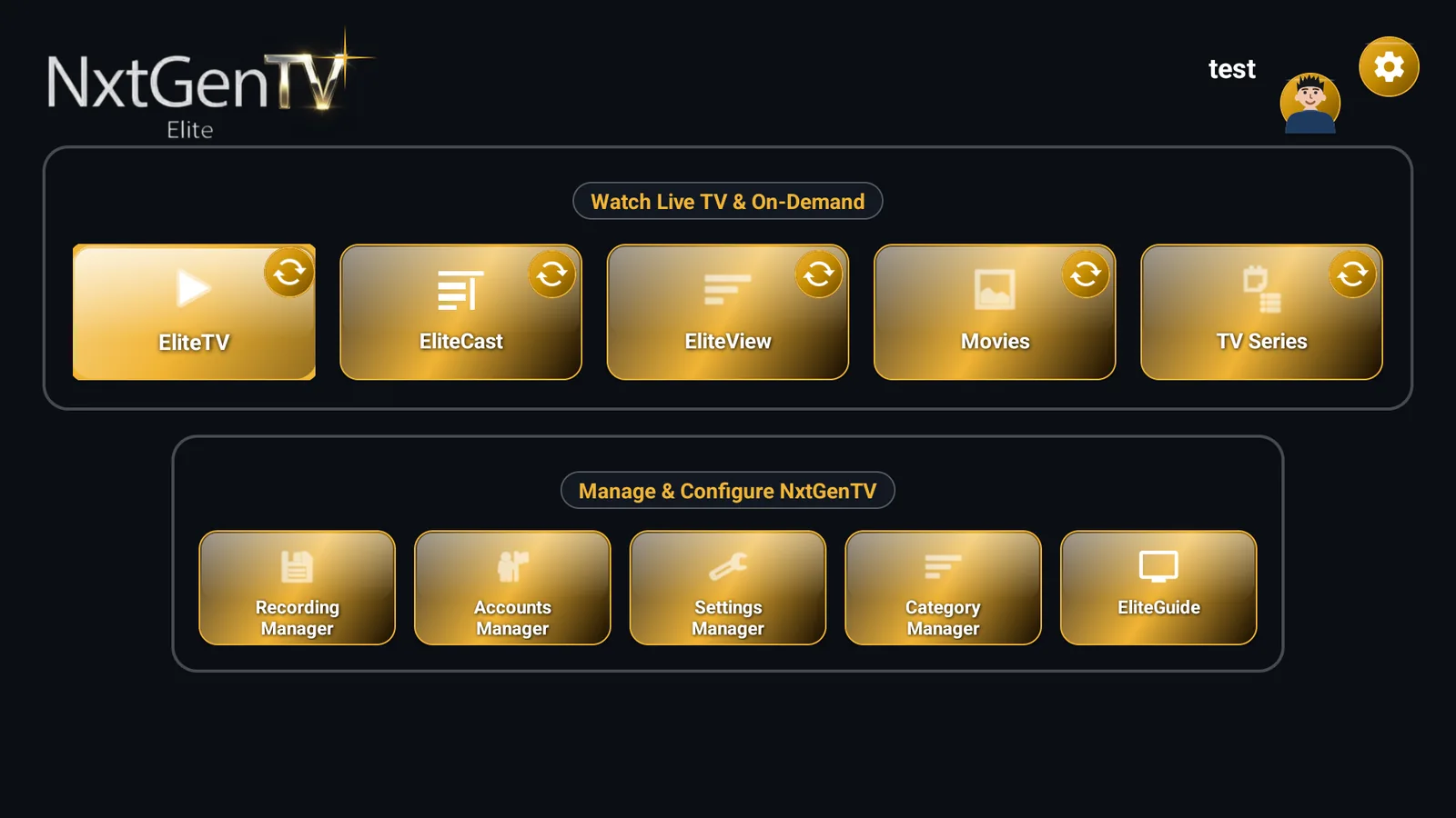 NxtGenTv Elite dashboard on Android TV: gold tiles for EliteTV, EliteCast, EliteView, Movies and TV Series, with Recording, Accounts, Settings and Category managers and EliteGuide below.