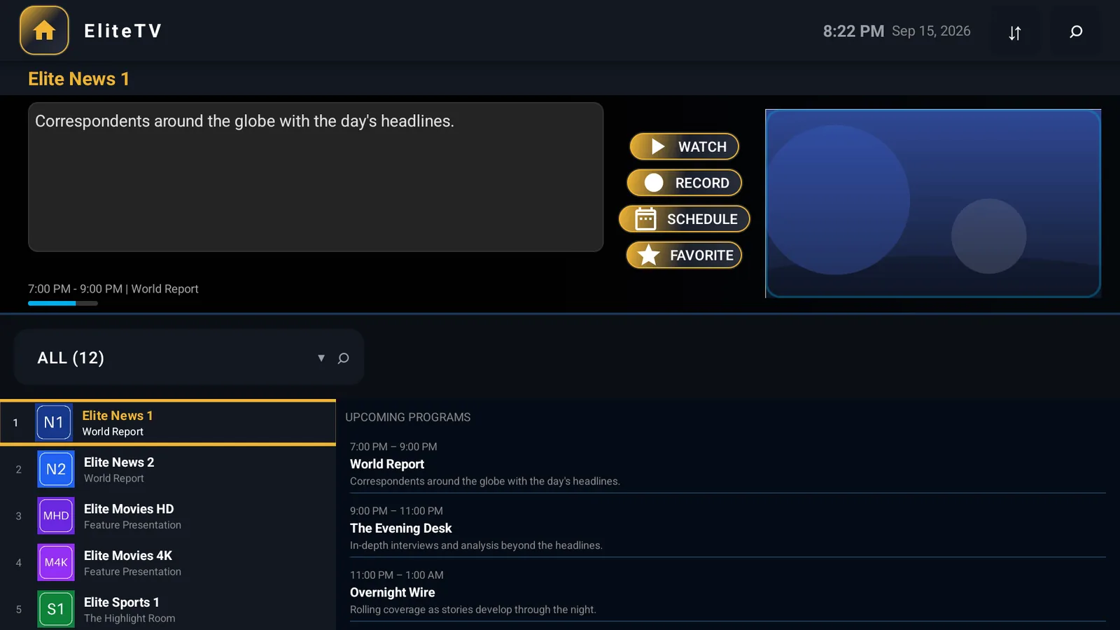 EliteTV live channel list on Android TV, with program details, action buttons and upcoming programs for the focused test channel.