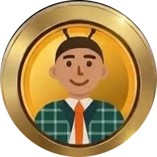 A gold medallion framing a smiling cartoon neighbour in a plaid jacket and orange tie.